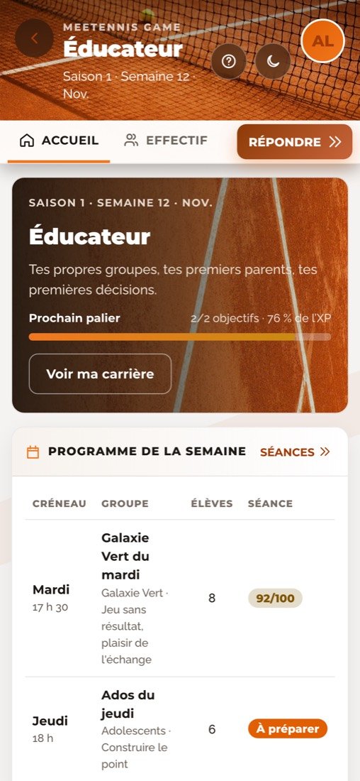 MEETennis Game sur iPhone : le palier Éducateur et le programme de la semaine