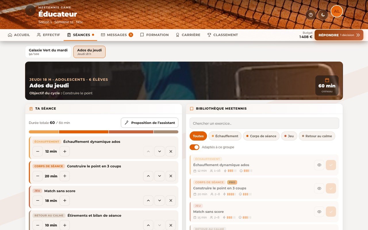 MEETennis Game sur ordinateur : préparation d’une séance avec la bibliothèque d’exercices MEETennis